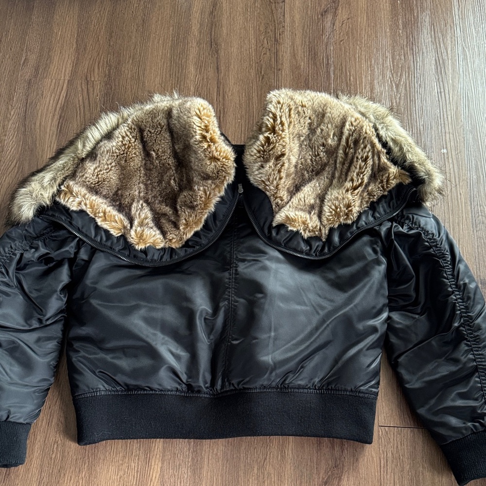 BCBGeneration Women’s Black Nylon Bomber Jacket with Faux Fur Hood - Picture 7 of 9